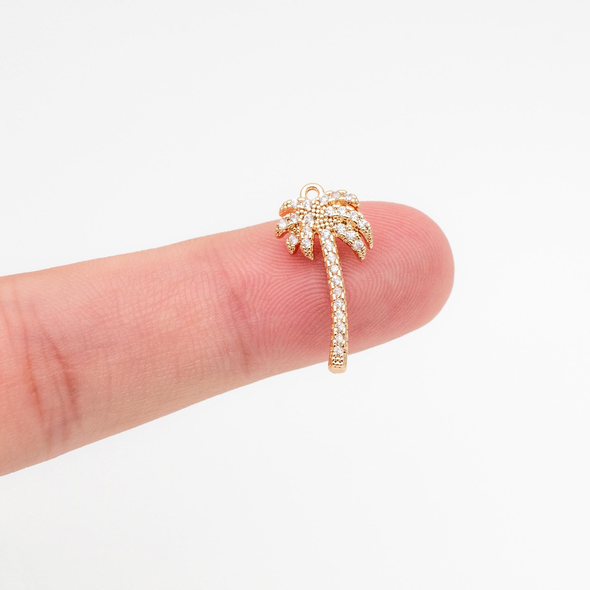 4pcs Gold Palm Tree Charms 19mm, 18K Gold plated Brass, CZ Pave Beach Necklace Pendants (GB-2374-D)